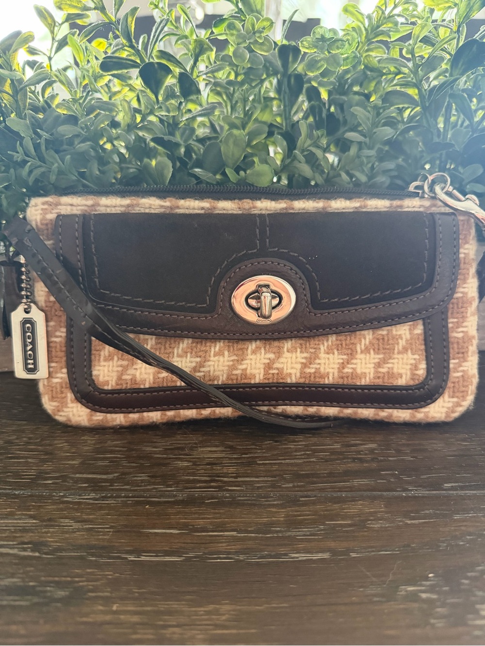 Vintage Coach Brown Tweed and Suede Turnlock Wristlet